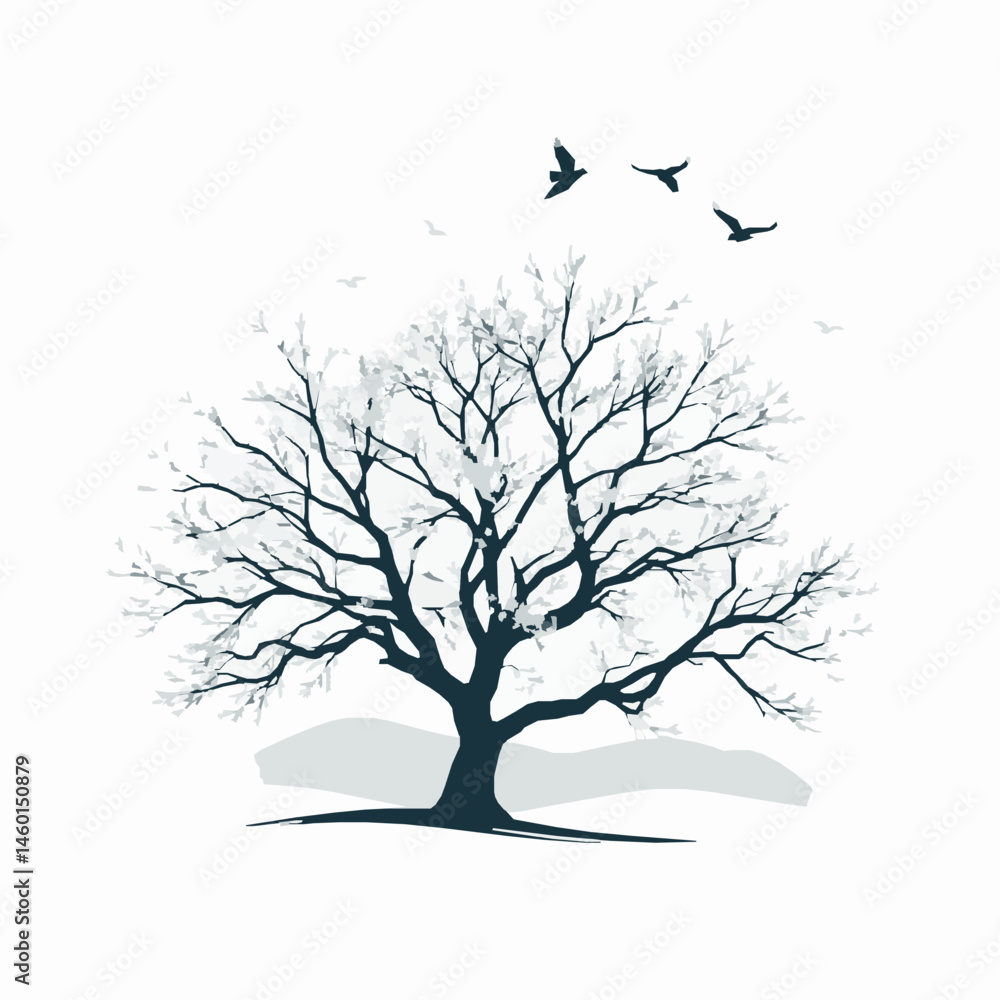 Fototapeta premium Solitary tree with birds in flight monochromatic illustration