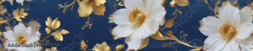Floating gold-accented bloom, swirling blue & white backdrop, dreamy, serene, botanical