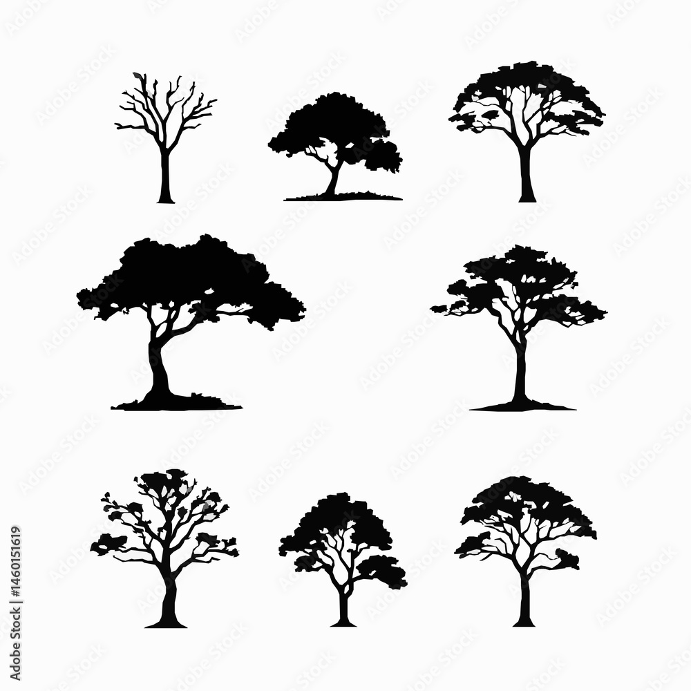 Fototapeta premium Collection of silhouette tree illustrations on white background