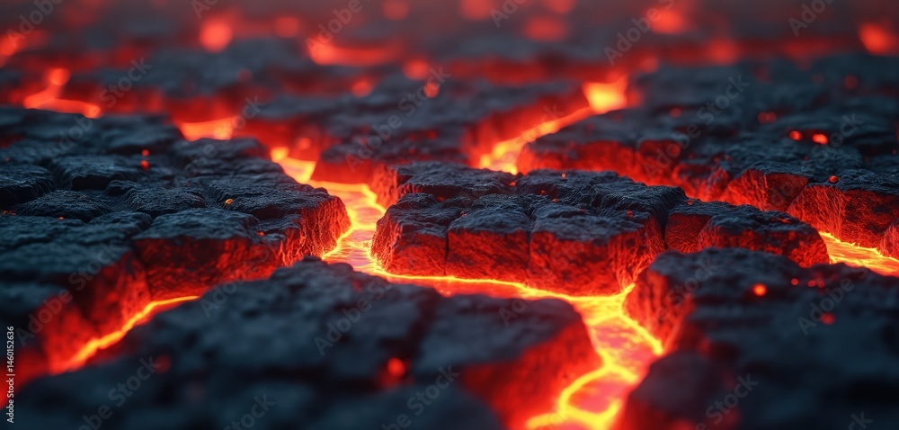 Abstract illustration of molten lava texture, fiery background. Hot magma flows through cracked surface. Fiery red flames burn, orange glow, hot stone, volcanic eruption. Concept of heat, inferno, Abstract illustration of molten lava texture, fiery background. Hot magma flows through cracked surface. Fiery red flames burn, orange glow, hot stone, volcanic eruption. Concept of heat, inferno,