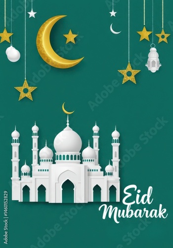 Wallpaper Mural Eid mubarak illustration with mosque, moon, and stars against a green background for celebration card Torontodigital.ca