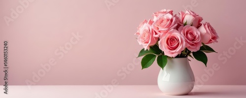A bouquet of fresh pink roses in a simple ceramic vase , arrangement, ceramic, flora