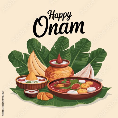 Happy Onam with Traditional Kerala Feast and Banana Leaves