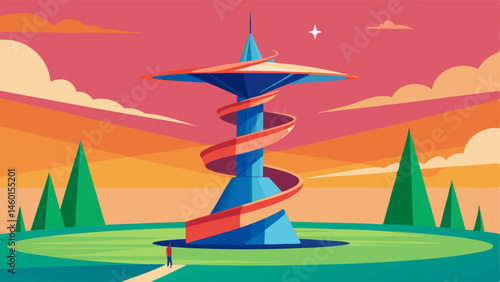 Skyward Illusion An eyecatching structure with a bold mix of sharp angles and fluid curves spiraling upwards endlessly. The tower features massive open spaces that look like they