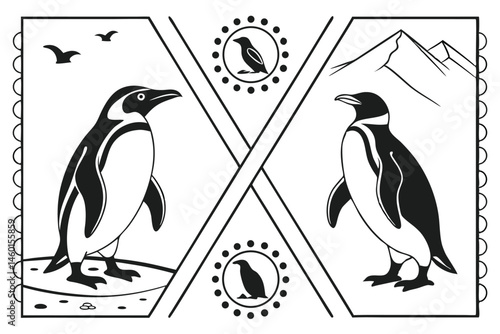 93 Penguin silhouettes, black and white illustration, graphic design, minimalist art, emperor penguins, symmetrical composition, vector graphics, wildlife icons, Antarctic animals, standing poses, sid