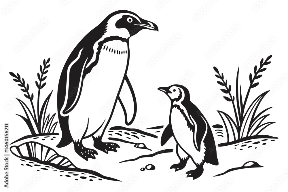 Naklejka premium 93 Penguin silhouettes, black and white illustration, graphic design, minimalist art, emperor penguins, symmetrical composition, vector graphics, wildlife icons, Antarctic animals, standing poses, sid