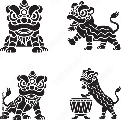 Lion dance silhouette set vector illustration isolated On Transparent Background