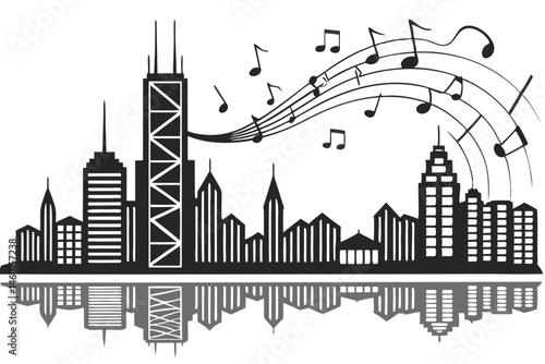 94 Sound wave cityscape, musical notes, black and white, minimalist, abstract, audio visualization, urban skyline, reflection in water, geometric shapes, rhythm illustration, music landscape, audio sp