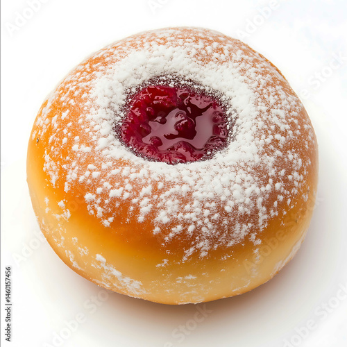 The sufganiyah should include Goldenbrown dough color D4A017 Red jellyjam filling at the top FF0000 Scattered white powdered sugar dots A small hole in the center brown color