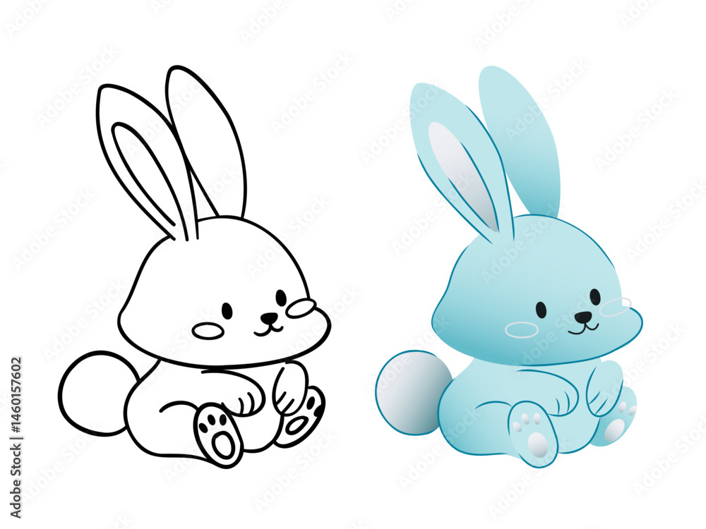 Obraz premium Character set - blue and line images of a rabbit with a fluffy tail and big ears, perfect for children's drawings, coloring, stickers, children's room decor and creative educational projects.