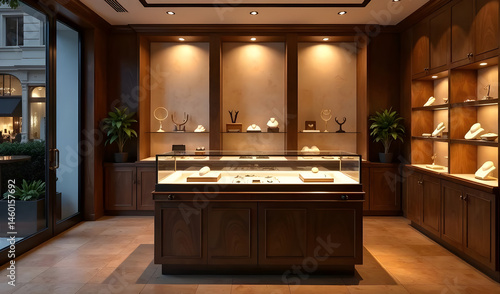 A high-polish, high-gloss vacant jewelry counter with intricate display case on a wooden background in a chic, upscale boutique setting. Focal point is the empty glass case backlit by subtle, warm, an
