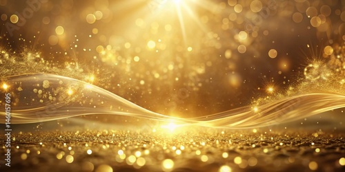 A Luxurious Golden Background with Glimmering Lights, Sparkling Dust, and a Smooth Curving Line