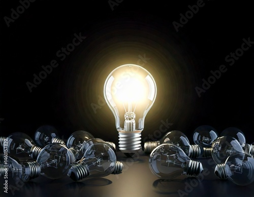 One of Lightbulb glowing among shutdown light bulb in dark area with copy space for creative