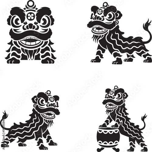 Lion dance silhouette set vector illustration isolated On Transparent Background