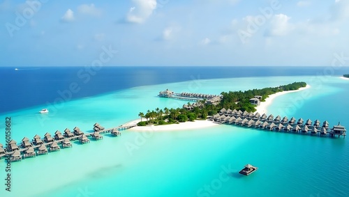 Breathtaking aerial view of a luxurious tropical island resort and ocean villas