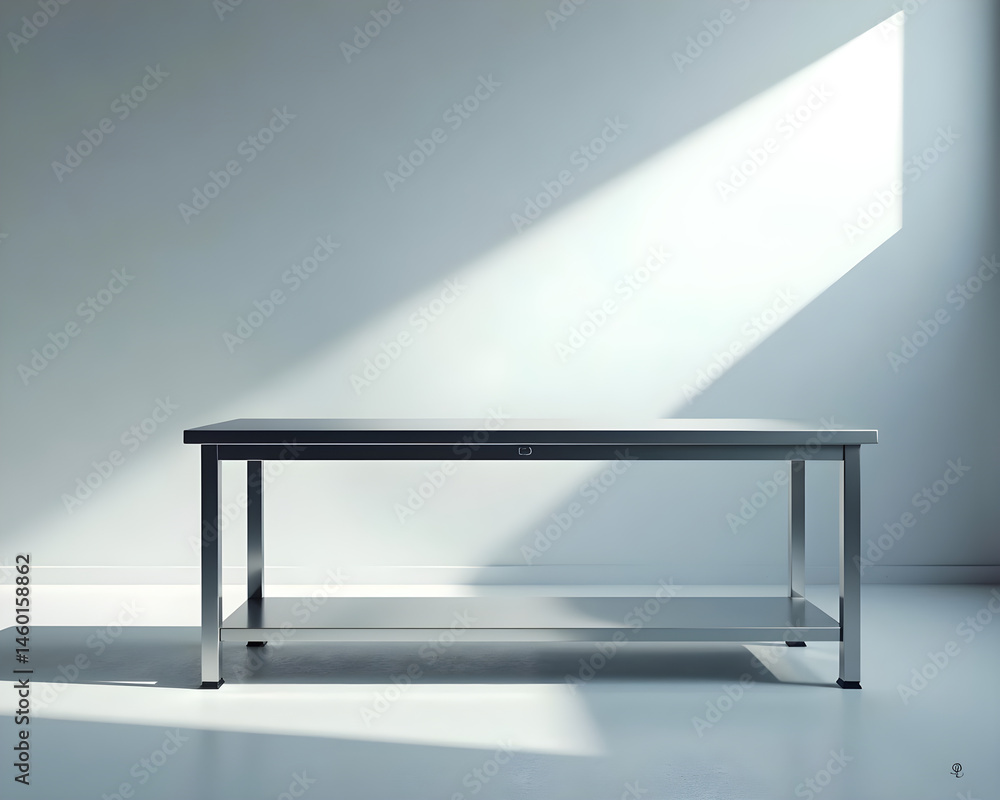 A polished, industrial-steel laboratory workbench with a clean, high-gloss finish, set against a stark, empty white laboratory backdrop. A strong spotlight beam from an angle creates dramatic, dynamic A polished, industrial-steel laboratory workbench with a clean, high-gloss finish, set against a stark, empty white laboratory backdrop. A strong spotlight beam from an angle creates dramatic, dynamic