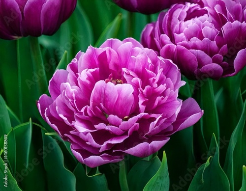 Beautiful fresh fluffy purple tulip flowers in full bloom in the garden, close up