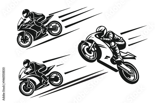 95 Silhouette motorcycle riders, dynamic racing poses, side view motorcycles, sport bikes, black and white illustration, high contrast, minimalist design, motion blur effect, speed lines, aggressive r