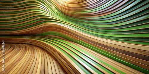 A Curved Pattern of Interlocking Wooden Slats in Tones of Green and Brown