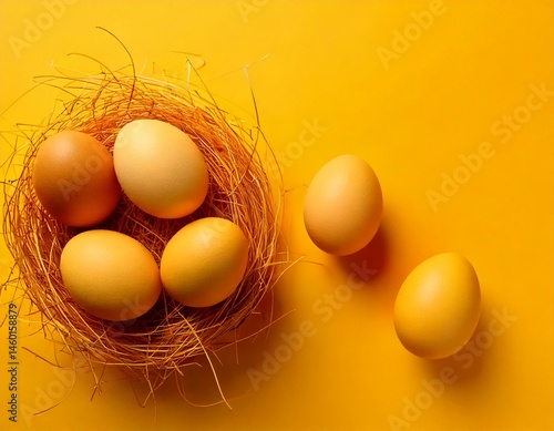 yellow chicken eggs on yellow background