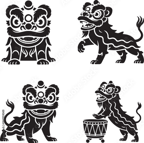Lion dance silhouette set vector illustration isolated On Transparent Background
