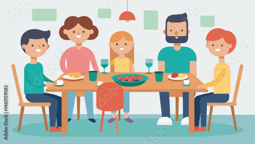 Scene Overview A cozy dining room with a large wooden table surrounded by four family members two adults and two children. Each person is engaged in conversation smiling and using