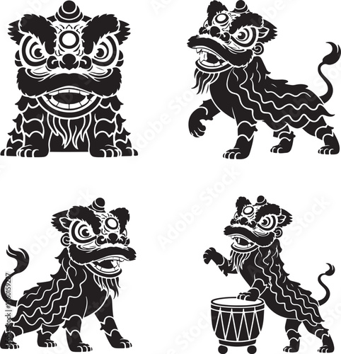 Lion dance silhouette set vector illustration isolated On Transparent Background