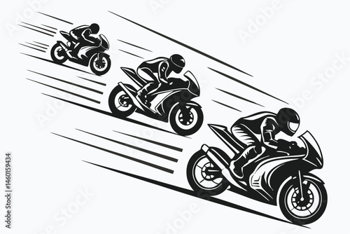 95 Silhouette motorcycle riders, dynamic racing poses, side view motorcycles, sport bikes, black and white illustration, high contrast, minimalist design, motion blur effect, speed lines, aggressive r