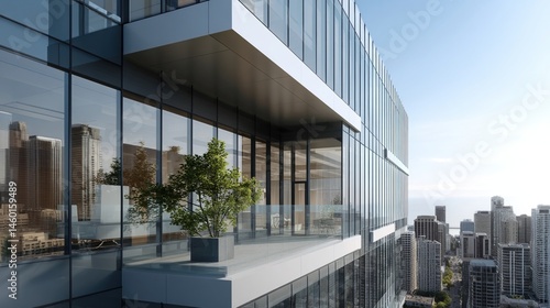 Rotating views of a modern skyscraper balcony with a small tree in a pot and its rooftop with hvac units, showing the cityscape in the background