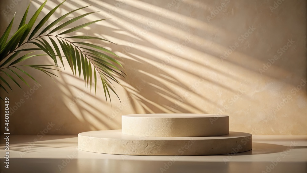 Minimalist Beige Studio with Palm Leaf and Two-Tiered Stone Platform for Product Display Minimalist Beige Studio with Palm Leaf and Two-Tiered Stone Platform for Product Display