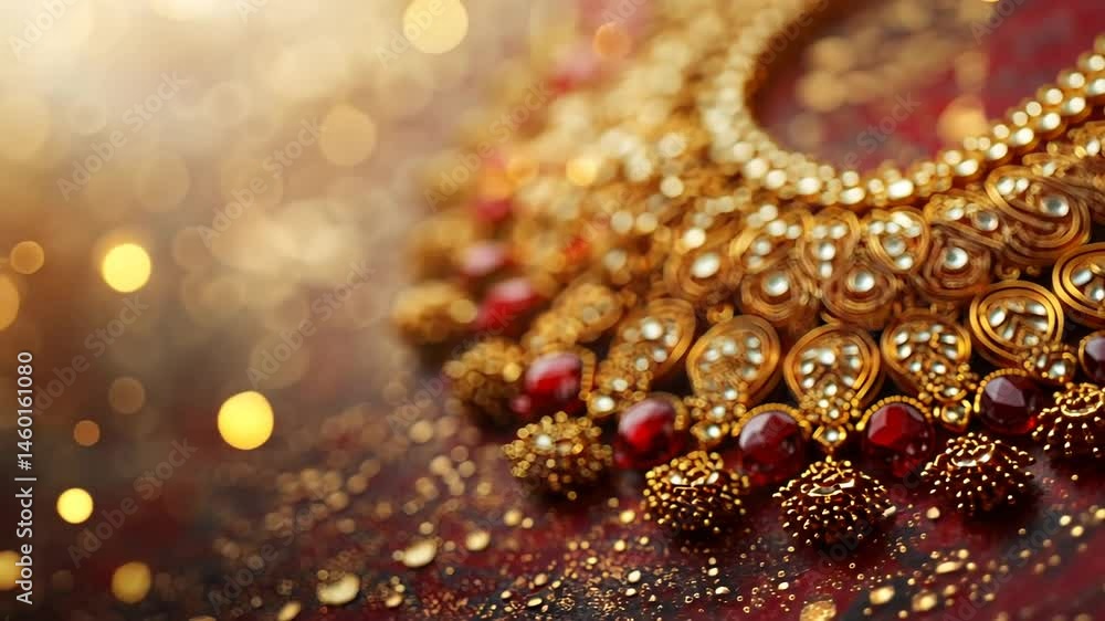 Ornate gold necklace with red gems on a sparkling backdrop Ornate gold necklace with red gems on a sparkling backdrop