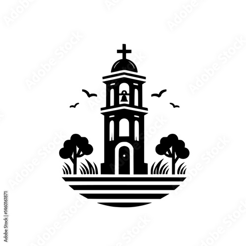 Minimalist Church Tower Emblem, Black and White, Vector Illustration