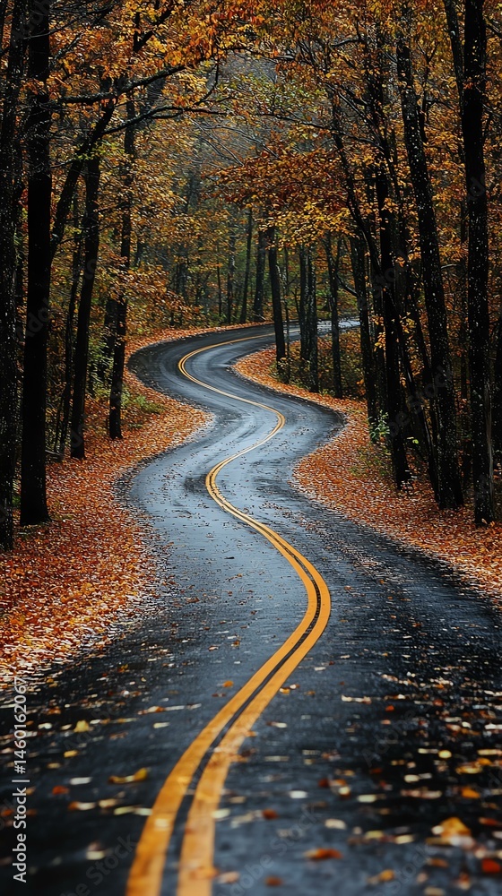 Obraz premium Winding road through vibrant autumn foliage, showcasing nature's beauty and seasonal change.