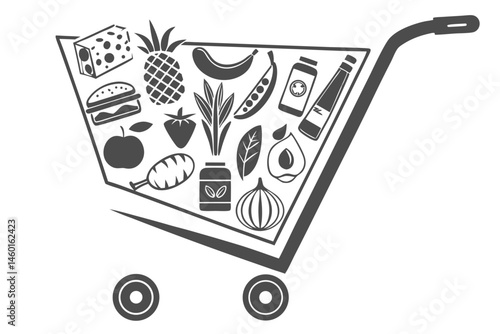 98 Shopping cart silhouette, groceries, bottles, household items, black and white graphic, simplified design, icon style, consumer goods, supermarket essentials, retail concept, vector illustration, m