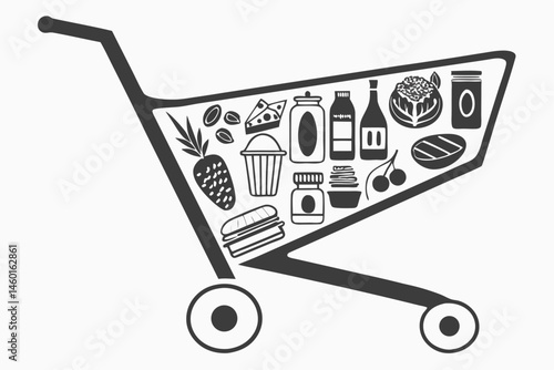 98 Shopping cart silhouette, groceries, bottles, household items, black and white graphic, simplified design, icon style, consumer goods, supermarket essentials, retail concept, vector illustration, m