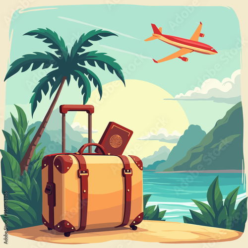 travel suitcase with passport near tropical beach and airplane for vacation concept