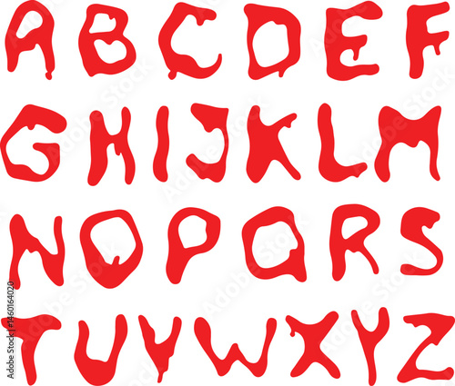 Melted dripped red font letters for graffiti. Latin alphabet A to Z abc. Concept of scary typography horror calligraphy.