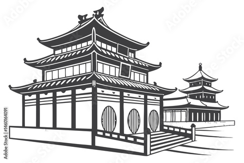 99 Traditional Chinese architecture, silhouettes, ornate gates, pagoda roofs, East Asian design, black and white, symmetrical structures, cultural landmarks, ancient portals, decorative eaves, intrica
