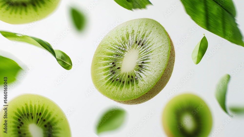 Fototapeta premium Fresh kiwi slices falling with green leaves isolated on white background