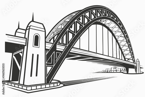 100 Bridge silhouette, arch bridge, simple design, black and white, minimalist, graphic illustration, architectural icon, infrastructure symbol, geometric shape, urban landmark, stylized drawing, clea