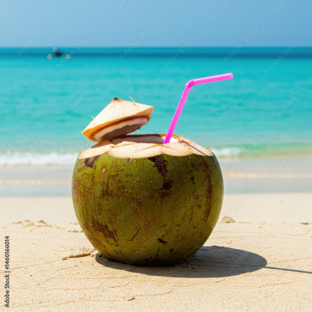 A green coconut with pink straw on a beach with a piece of coconut on top and blue ocean water A green coconut with pink straw on a beach with a piece of coconut on top and blue ocean water