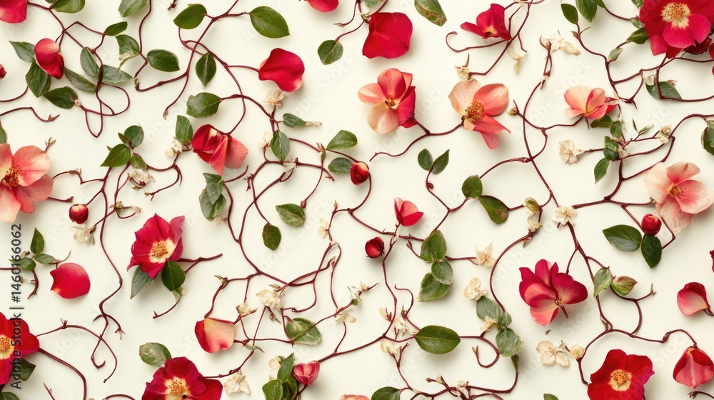 Floral Pattern: Red and Peach Roses with Twining Vines on Cream Background Floral Pattern: Red and Peach Roses with Twining Vines on Cream Background