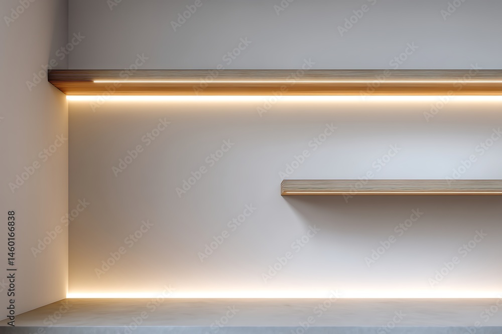 Obraz premium Empty modern illuminated shelves on a white wall