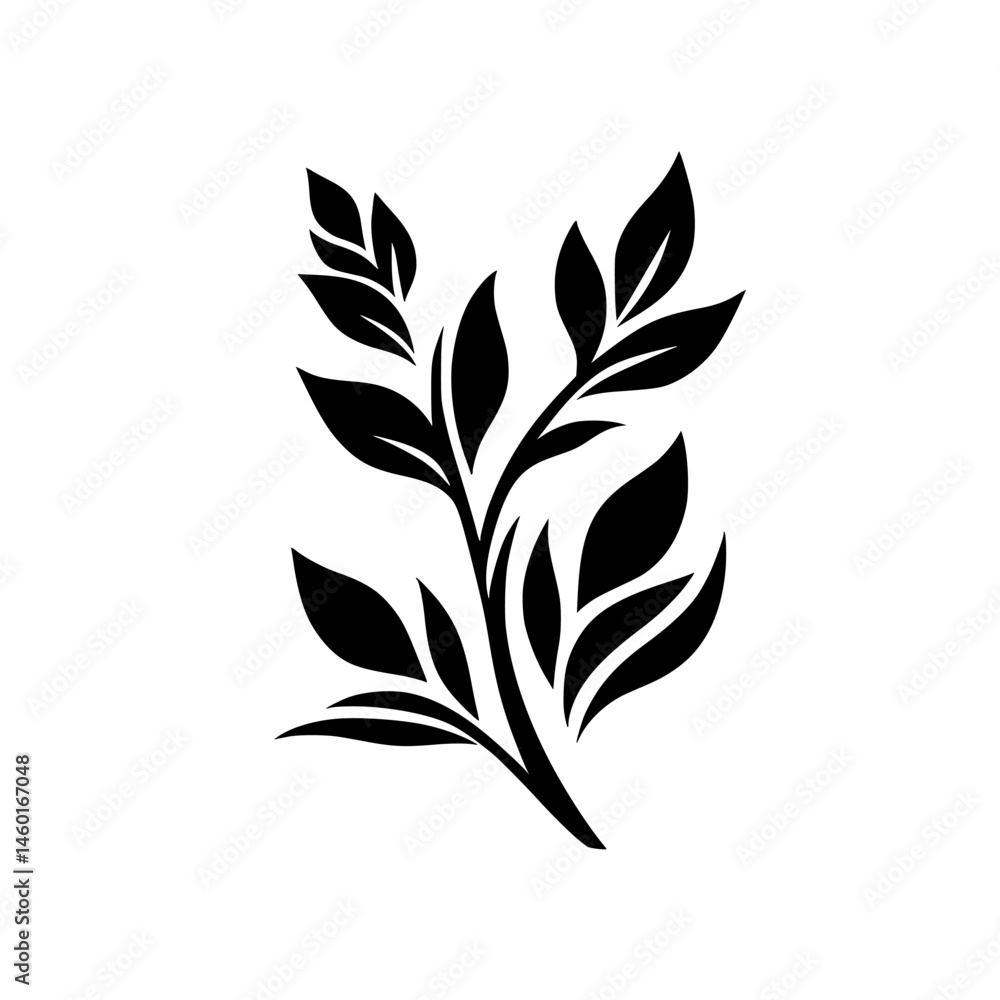 Minimalist Black & White Leafy Branch, Floral Design Element Minimalist Black & White Leafy Branch, Floral Design Element