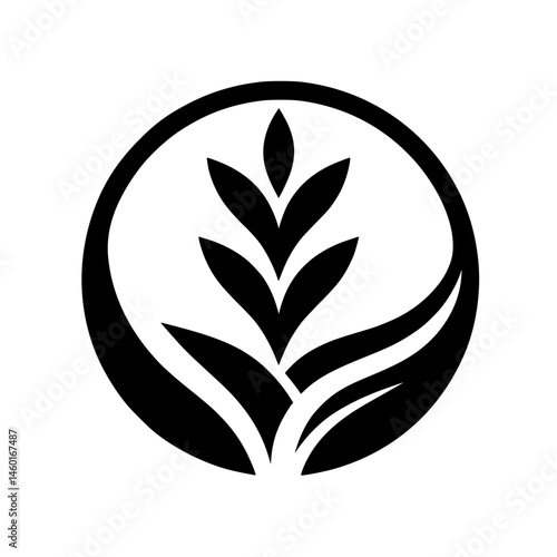 Minimalist Wheat or Plant Icon in Circle, Black and White Logo Design