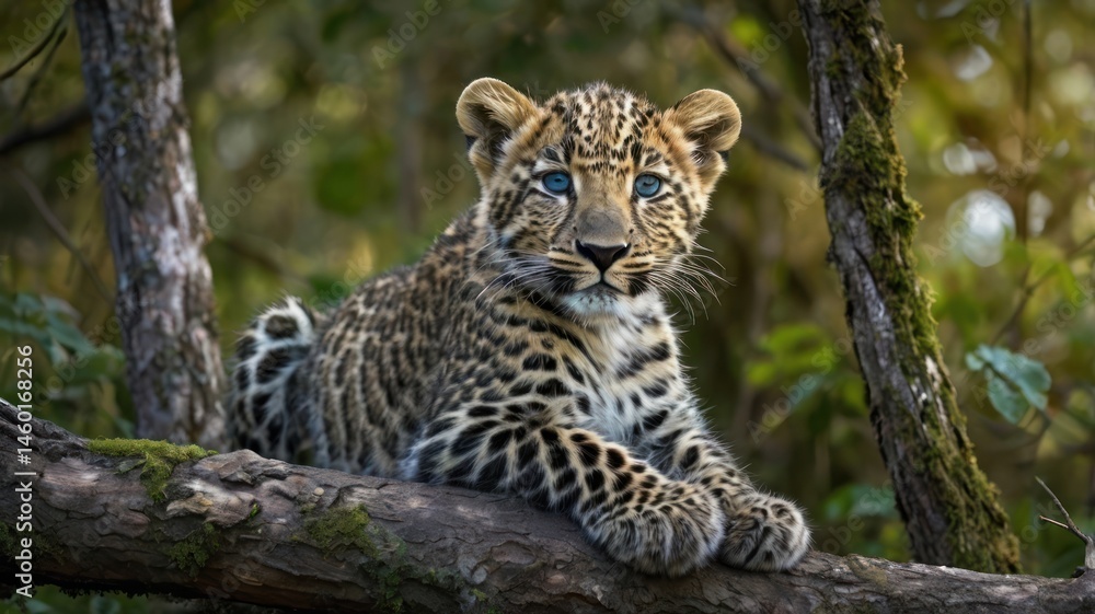 Fototapeta premium A leopard cub rests on a branch. Focused gaze, vibrant markings