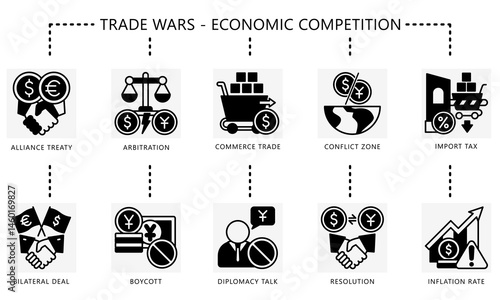 Trade wars glyph icons set. Contain arbitration, treaty, deal, boycott, conflict, diplomacy, commerce, resolution, inflation and more. Vector for UI, UX kit, digital, print, web and app development.