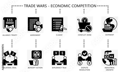 Trade wars glyph icons set. Contain treaty, deal, clause, diplomacy, agreement, shipment, boycott, resolution, industrial, talk and more. Vector for UI, UX kit, digital, print, web and app development