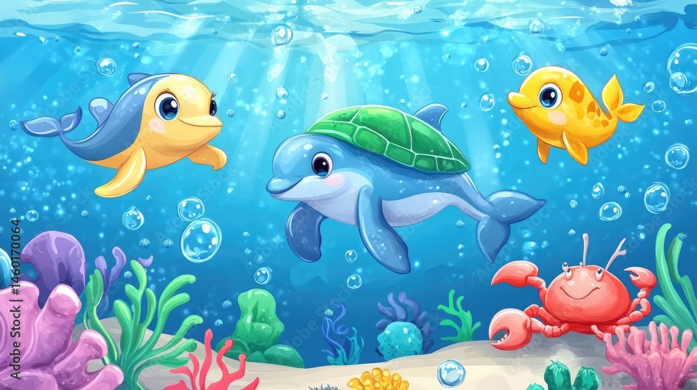 Adorable Cartoon Dolphins, Turtle & Crab in Vibrant Underwater Scene Adorable Cartoon Dolphins, Turtle & Crab in Vibrant Underwater Scene
