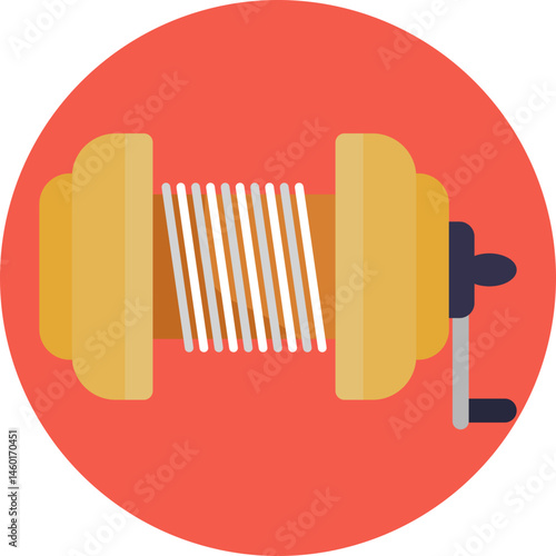 Fishing reel with crank handle and spool, used for casting and retrieving fishing line.